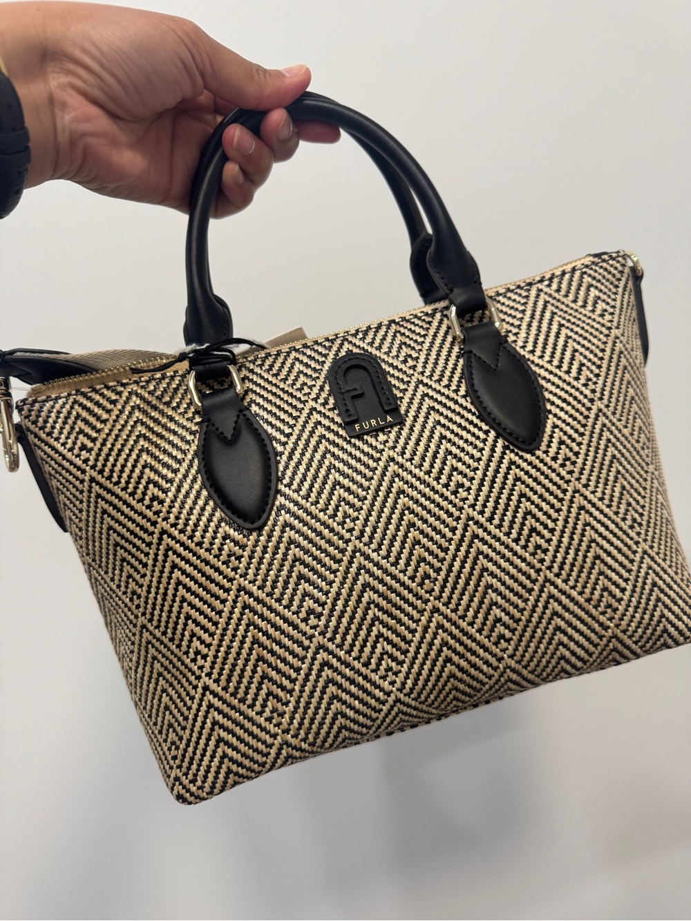 Furla Black & Beige Woven Top-Handle Satchel